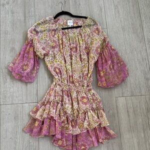 Misa Los Angeles Pink and Cream Floral Tiered Ruffle Kids Dress